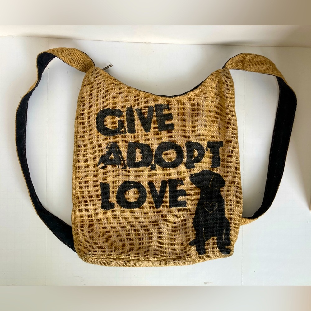 Burlap Animal Rescue “Give, Adopt, Love” Backpack Purse with Black Lab dog.